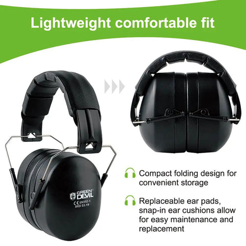 Noise Cancelling Ear Muffs With 28dB NRR For Shooting Range And Worksite Safety, black color, foldable design, lightweight fit