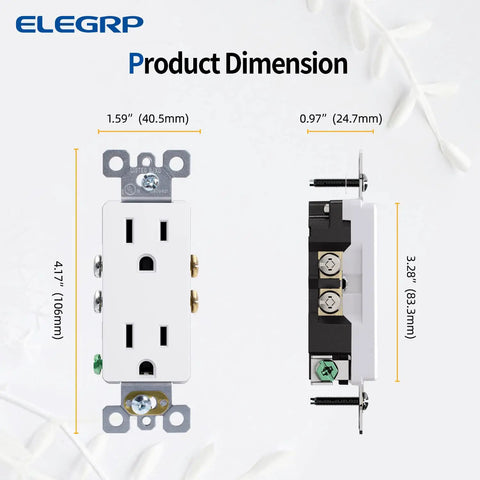Dimensions of Decorator Receptacle 15A 125V Standard Wall Outlet NEMA 5 15R Non Tamper Resistant Self Grounding UL 10 Pack