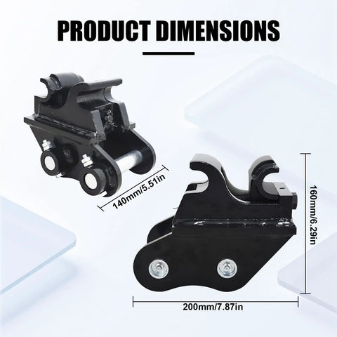 Heavy Duty Quick Coupler For Mini Excavators Under Three Tons Easy Quick Change Hitch Attachment Compatible With Buckets Rakes And Rippers Gives You Do It All Attachment Capabilities On The Job Black Finish, showing product dimensions.