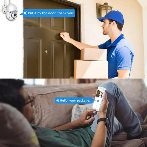 Person monitoring door delivery via phone using Outdoor WiFi Security Camera System With Around The Clock Recording, Two Way Talk.