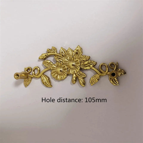 Retro Brass Drawer Knob With Double Hole Mount, showing pure copper gold hollow flower design, 105mm hole distance.