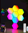 Hexagon LED Light Panels 8 Pack With App Control And Remote, colorful hexagon arrangement glowing in a room.