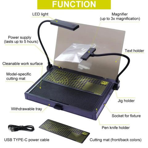 Portable Model Making Workbench With LED Lights And Magnifier All In One Cutting And Assembly Kit For DIYers Includes Pliers Holder Gridded Adhesive Cut Mats Plastic Storage Drawers Display Panel showing LED light, magnifier, and gridded surface