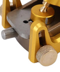 Close-up of Precision Low Angle Hand Plane For Woodworking Rock Solid Adjustable Thickness Short Body Bench Planer with gold adjustments.