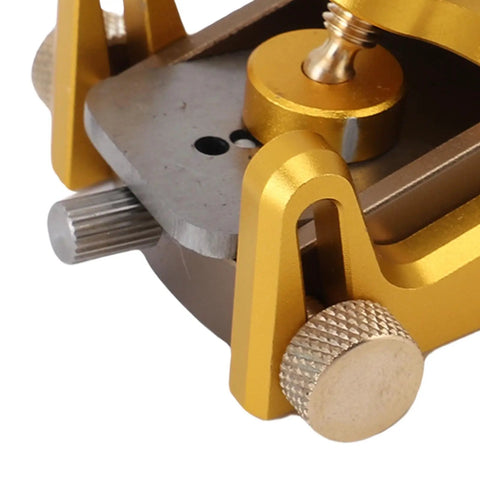Close-up of Precision Low Angle Hand Plane For Woodworking Rock Solid Adjustable Thickness Short Body Bench Planer with gold adjustments.