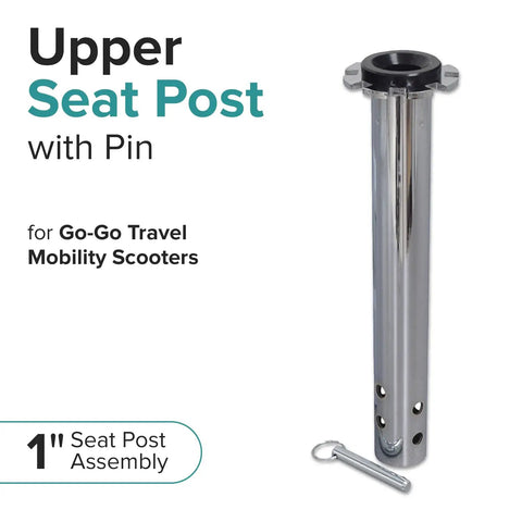 Upper Seat Post With Pin 1 Inch Diameter Replacement Part For Elite Traveller Standard LR Plus Plus HD Ultra X Travel Mobility Scooters Includes Black Bushing And Fits FRMASMB9630