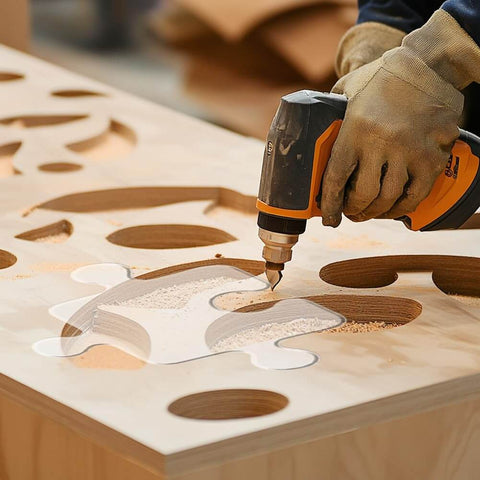 Using Two-Piece Clear Acrylic Jigsaw Router Templates Set For Woodworking Pro Grade Angled Curvy Puzzle Shape Tracing Tools on wood.