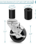 Four Inch Prep Table Casters Set Of Four Heavy Duty Expanding Stem Wheel Casters With Brakes showing measurements for kitchen table fit.