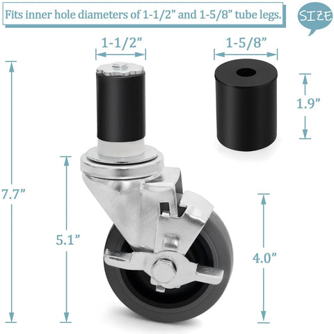 Four Inch Prep Table Casters Set Of Four Heavy Duty Expanding Stem Wheel Casters With Brakes showing measurements for kitchen table fit.