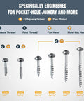 Different sizes of Pocket Hole Screws 1-1/4 Inch Coarse Thread With Maxi-Loc Head for woodworking projects.