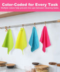Colorful microfiber cleaning cloths hanging on a kitchen rod, part of 120 Pack Microfiber Cleaning Cloths For Cars And Home Use Reusable Towels 11x9 Multicolor With Crazy Handy Dispenser Box Scratch Free Lint Free Washable Rags For Detailing And Polishing.