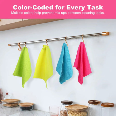 Colorful microfiber cleaning cloths hanging on a kitchen rod, part of 120 Pack Microfiber Cleaning Cloths For Cars And Home Use Reusable Towels 11x9 Multicolor With Crazy Handy Dispenser Box Scratch Free Lint Free Washable Rags For Detailing And Polishing.