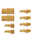 Front view: brass air hose connectors and 1/4 in fittings; 8-piece kit with two couplers and six adapters