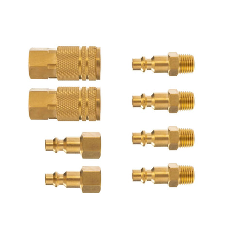 Front view: brass air hose connectors and 1/4 in fittings; 8-piece kit with two couplers and six adapters