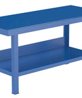 Premium Heavy Duty Steel Workbench 30 By 72 Inches with blue finish, featuring a sturdy design and lower shelf for storage.