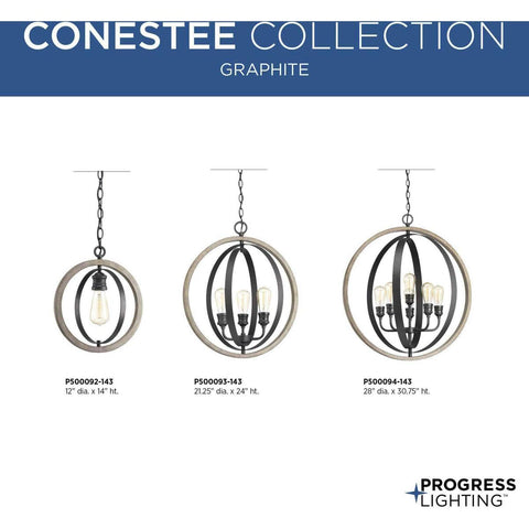 Conestee Mini Pendant Light in Graphite Black with Weathered Gray Accents, Armillary Frame; Sizes 12", 21.25", 28", Vintage Bulb Friendly