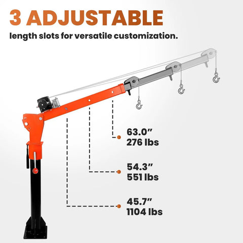 Solid As A Rock Folding Truck Bed Crane With 1100 Lb Capacity And 2000 Lb Electric Winch 12V showing adjustable length slots for customization.