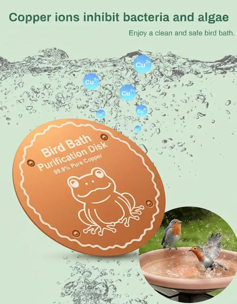Pure Copper Bird Bath Purification Disk For Chemical-Free Water shown with copper ions illustration and birds near bird bath
