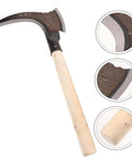 Do-It-All Manganese Sickle Garden Tool With Detachable Handle, showcasing blade details and wooden handle, suitable for weeding and harvesting.