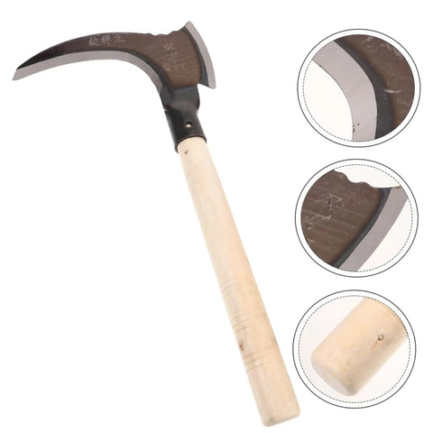 Do-It-All Manganese Sickle Garden Tool With Detachable Handle, showcasing blade details and wooden handle, suitable for weeding and harvesting.