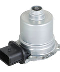 Front view of automatic transmission clutch actuator with silver metal housing and black rectangular electrical connector.