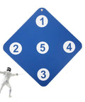 13 Inch Rubber Fencing Target For Saber Foil And Epee Training, blue target with number zones and fencer practicing.