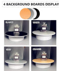 cexuw 360 Degree Electric Turntable For Small Product Display, 7.87 Inch Diameter Photography Stand showcasing four background colors for small item display.