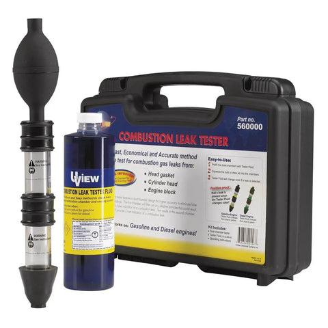 Plug And Play Pro Grade Combustion Leak Test Kit Featuring Dual Chamber Alkaline Filter System For Gas Diesel Engines No False Readings Hella Reliable Head Gasket Blown Block Detector Set with tester and fluid bottle.