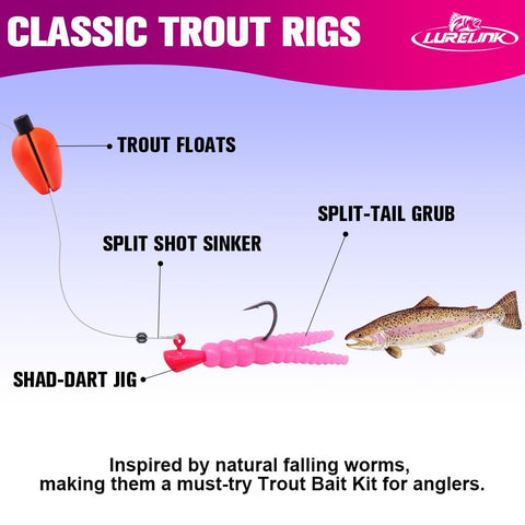 Trout Fishing Kit With 165 Pieces Including Split Tail Grub Worms, Shad Dart Jig Heads, Floats And Sinkers For Creek And River Angling