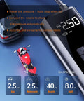 Heavy Duty Portable Tire Inflator And Digital Air Compressor With 150 Psi Gauge LED work light beside a car and motorcycle tire pressure display.