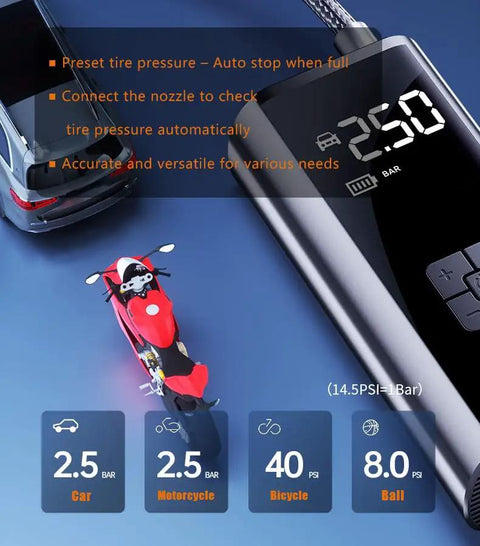Heavy Duty Portable Tire Inflator And Digital Air Compressor With 150 Psi Gauge LED work light beside a car and motorcycle tire pressure display.