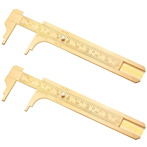 Brass Vernier Caliper Pocket Caliper Set With Double Scale mm And Inch, visible solid brass build, two units shown, top view.