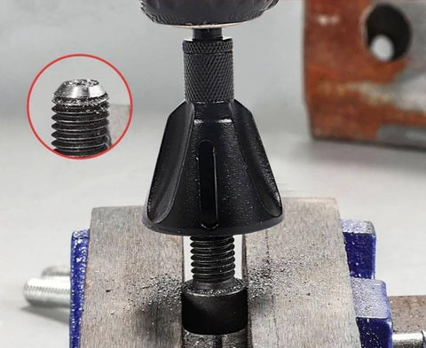 Close-up of Two Piece External Deburring Chamfer Tool With Carbide Blades For Heavy Duty Deburring Of Damaged Screws Bolts And Fasteners