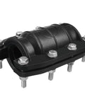 Front view: 1-inch water pipe repair clamp kit in black plastic with bolts and gasket for plastic and metal pipes Ø25mm.