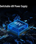 Illustration showing switchable 48V power supply for Portable USB Mini Audio Mixer With 2 Channel Sound Card And 48V Phantom Power.
