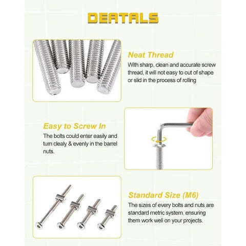 Must Have DIY Crib Hardware Replacement Kit For Delta Graco Dream Baby Beds With M6 Hex Drive Bolts And Barrel Nuts 40 50 60 70 80 Mm Includes Nuts And Wrench 25 Sets Silver, showing screw thread details and usage examples