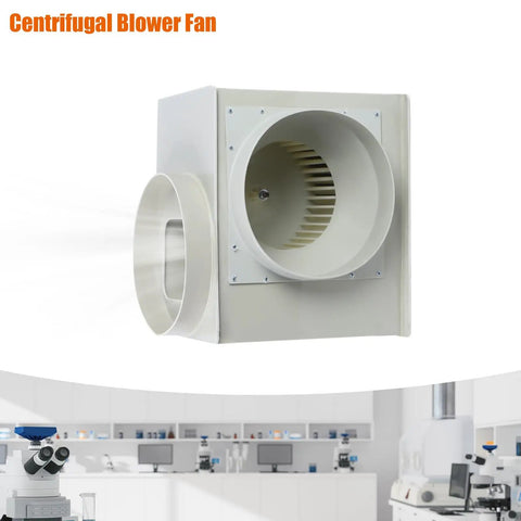 Rock Solid Centrifugal Blower With Kickin 2300 Cubic Meter Hour Airflow 300 Watt Motor And 3 Speed Adjustable Ventilation Fan For Lab Smoke And Fume Extraction Heavy Duty Pp Build showing the exhaust fan with visible blade design.