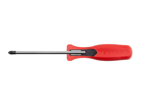 Hard-Handle Screwdriver Set 16 Piece With Two Stubby 1.5 Inch Drivers Eight Standard 4 Inch Drivers Six Long 8 Inch Drivers Phillips And Slotted Bits From 1/8 To 5/16 Inch Glass Handle Built Tough For Home And Shop Use Made In USA red driver side view