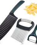 AITRAI 3-piece kitchen crinkle cutter set: wave crinkle knife, fry cutter with handle, and green peeler