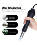 Hand holding All In One Desoldering And Rework Station With Soldering Iron And Hot Air showing cool air function