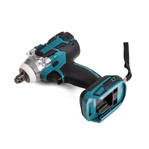 No-Brainer Brushless 4-Piece Cordless Power Tool Set Including Angle Grinder Hammer Drill Impact Wrench Rechargeable Battery Non-Slip Comfort Grip Extended Life Motor Ideal For Wood Steel Brick DIY Chores impact wrench with non-slip grip and battery.
