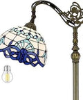 Dope Navy Blue And White Tiffany Style Floor Lamp With Arched Glass Shade 64 Inch Tall Gooseneck Corner Standing Reading Light For Bedroom Or Living Room Antique Bronze Base UL Listed