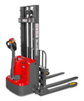 Mechmaxx 3300 Lb Electric Lithium Ion Straddle Stacker With 98 Inch Lift Height And Adjustable Legs Forks 24V Battery Industrial Pallet Handler For Warehouses, view from the side.