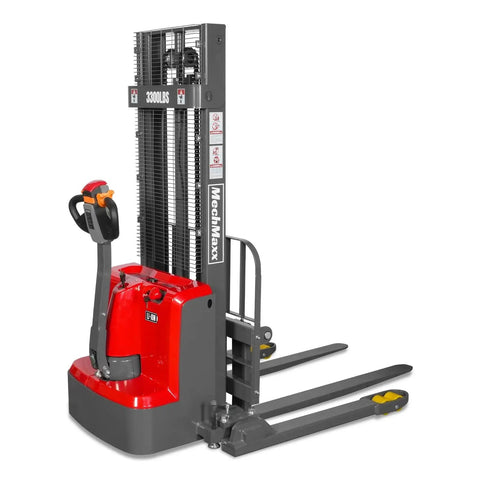 Mechmaxx 3300 Lb Electric Lithium Ion Straddle Stacker With 98 Inch Lift Height And Adjustable Legs Forks 24V Battery Industrial Pallet Handler For Warehouses, view from the side.