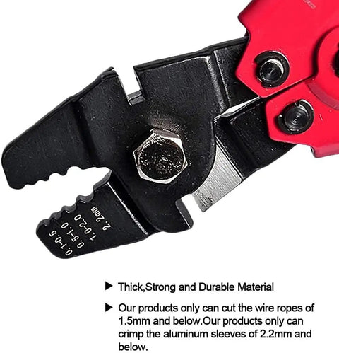 Close-up of Wire Rope Crimping Tool Up To 2.2mm Swager Crimper with Cutting Function showing crimp sizes and cutting jaws.