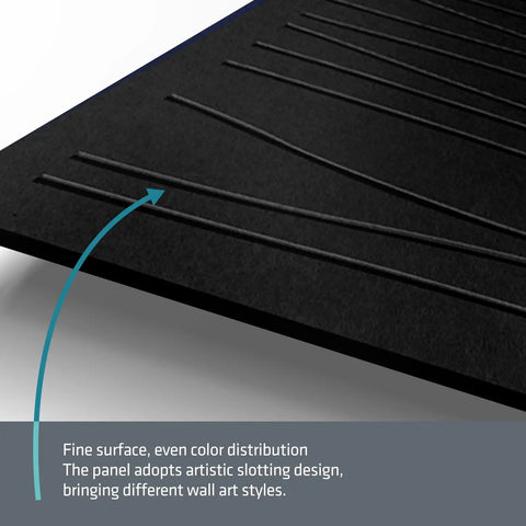 Close-up of black 6 Pack Acoustic Wall Panels 47.2 By 23.6 Inches with sleek slot design for sound dampening.