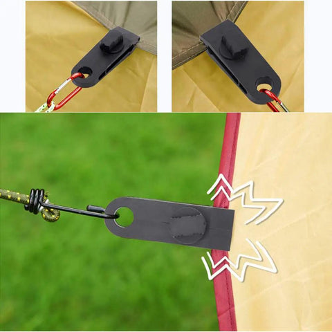 Close-up of Heavy Duty Tarp Clamps With Lock Grip for Awnings and Outdoor Gear in use on a fabric covering, showing lock grip detail