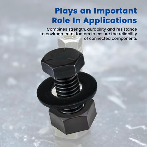Hex bolt with flat washer and nut, front view, black finish
