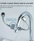 Touch-Free Induction Faucet, with Eyewash, showing dual-use design and independent water switch for lab and hospital use.