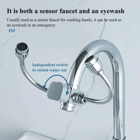 Touch-Free Induction Faucet, with Eyewash, showing dual-use design and independent water switch for lab and hospital use.